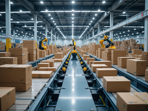 现代化AI智能供应链仓储物流中心，自动化分拣设备运行，工作人员操作现代化物流系统，体现高效AI智能供应链管理