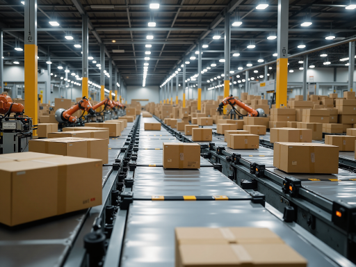 现代化AI智能物流配送中心，自动化分拣设备运行，快递包裹流水线作业，体现高效AI智能物流配送系统